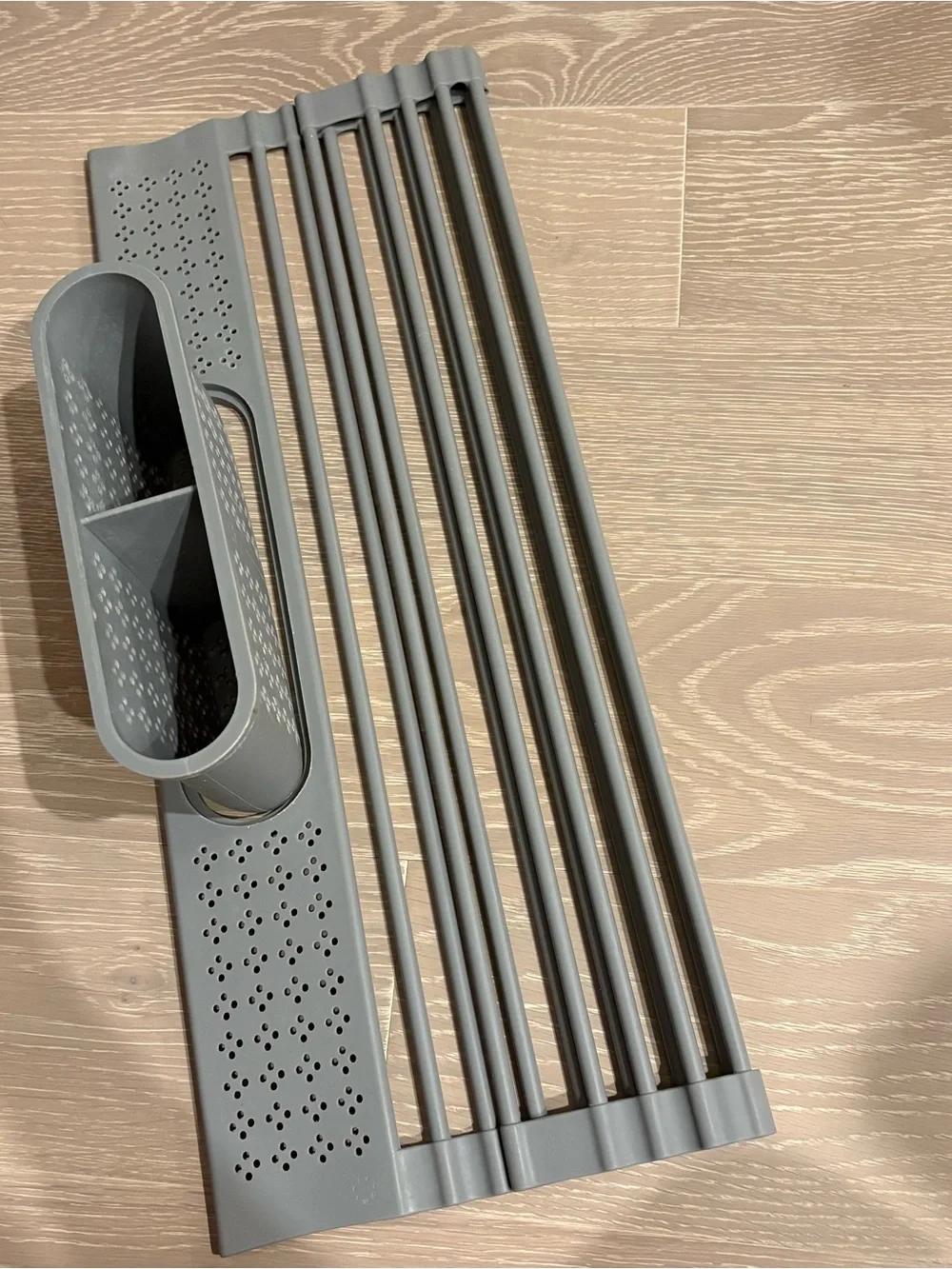 Gray Over-Sink Roll-Up Dish Drying Rack with Utensil Holder